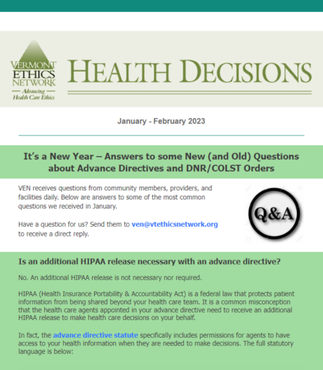 Health Decisions, the newsletter of the Vermont Ethics Network
