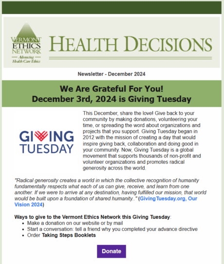 Health Decisions, the newsletter of the Vermont Ethics Network