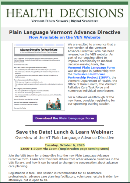 Health Decisions, the newsletter of the Vermont Ethics Network